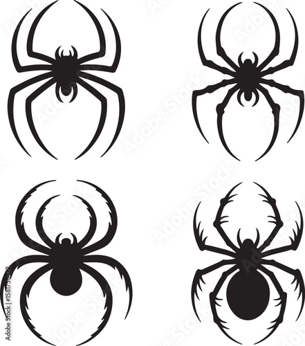 Black spider silhouettes with sharp legs and segmented bodies arachnid creepy