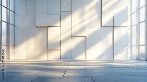 Modern minimalist interior with large windows and geometric wall panels bathed in sunlight