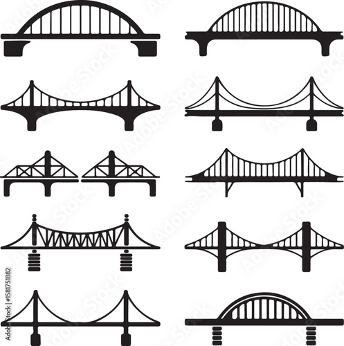 Diverse bridge silhouettes showcasing various architectural designs and structural elements