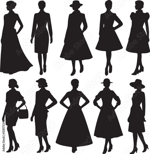 Elegant women in various fashionable attire silhouette dresses