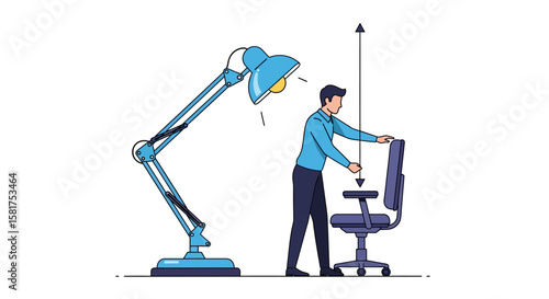 Man Adjusting Office Chair Height with Arrow Illustration.