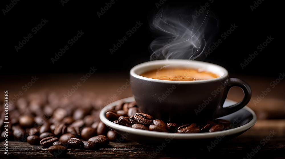 Steaming espresso cup with coffee beans, warm brown tones - the essence of rich coffee moments Steaming espresso cup with coffee beans, warm brown tones - the essence of rich coffee moments