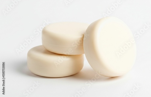 Three round soaps are stacked on a white surface, creating a sense of cleanliness, purity, and gentle hygiene.