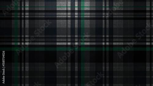 A Black Watch Tartan pattern with a metallic, brushed steel finish, reflecting light with dark navy and green lines, sleek and futuristic for tech-themed backgrounds.