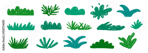 Hand drawn bushes and grass collection. Green crayon shrubbery set. Doodled shrub and tree shapes bundle. Pencil sketched foliage elements. Scribbled cartoon green plants pack. Vector illustration