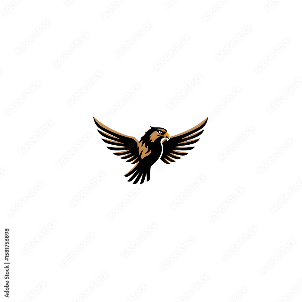 Obraz premium Golden soaring eagle with outstretched wings on a black background, perfect for logos, emblems, and striking brand visuals.
