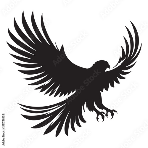 Bald Eagle black silhouette icon. American eagle wild bird of prey soaring. Falcon or hawk carnivore avian animal flight up vector outline illustration isolated on white