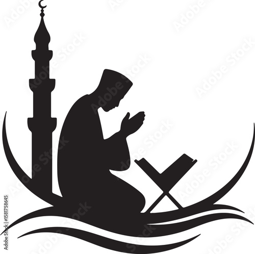 Islamic prayer silhouette with crescent moon and minaret mosque