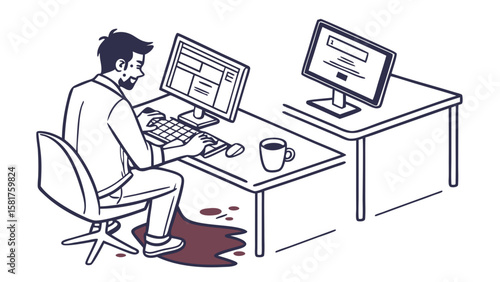 Man Spills Coffee at Office Desk: Workplace Accident and Daily Mishap Illustration