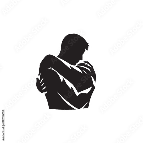 Person Embracing Shadow Self Silhouette on White Background – Vector Illustration for Inner Integration, Emotional Healing, and Symbolic Self-Acceptance Concepts