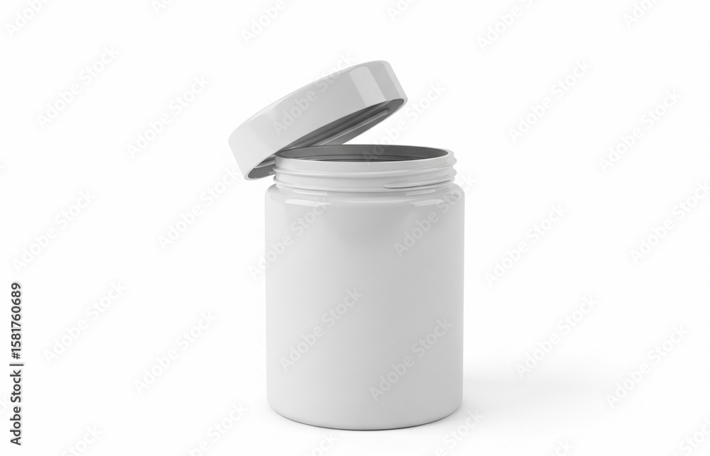 Minimalist white plastic jar stands ready to store various dry goods for home organization or food storage purposes. Minimalist white plastic jar stands ready to store various dry goods for home organization or food storage purposes.