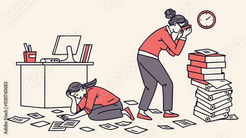 Office Overload: Stressed Businesswomen Battling Piles of Paperwork and Deadlines, Depicting Workplace Burnout and Time Pressure