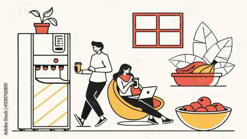 Modern Office Break Room Scene with Colleagues Relaxing, Hydrating, and Enjoying Healthy Snacks – Workplace Wellness and Productivity Concept