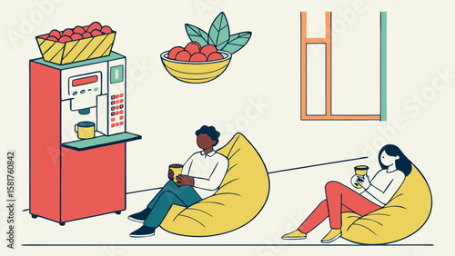 Relaxed Office Break with Coffee and Healthy Snacks. Two Coworkers Enjoying Casual Downtime on Bean Bags in a Modern Workspace. Flat Line Art Illus...
