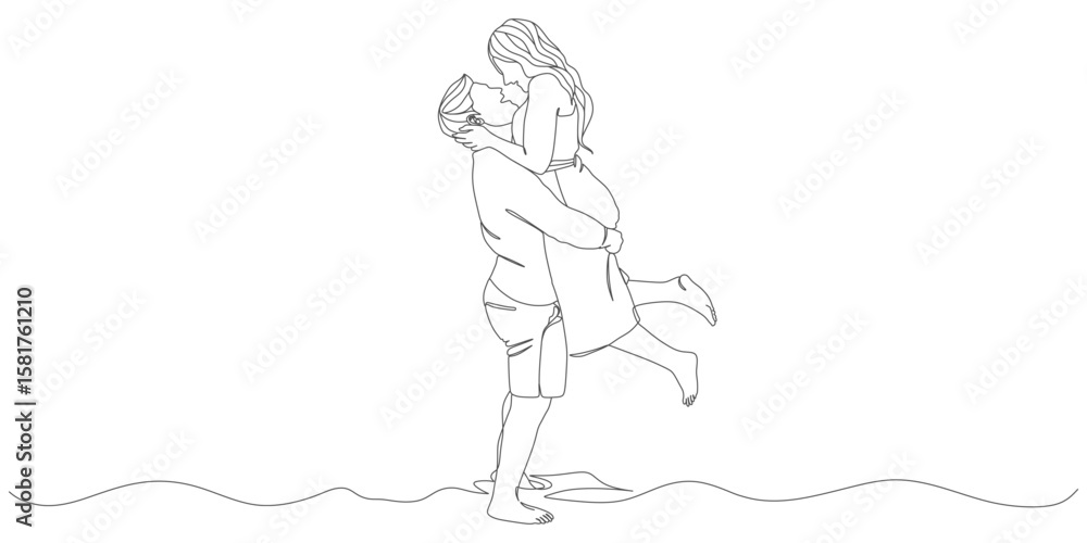 Fototapeta premium Romantic Couple Hugging on the Beach – Minimalist One Line Drawing Illustration
