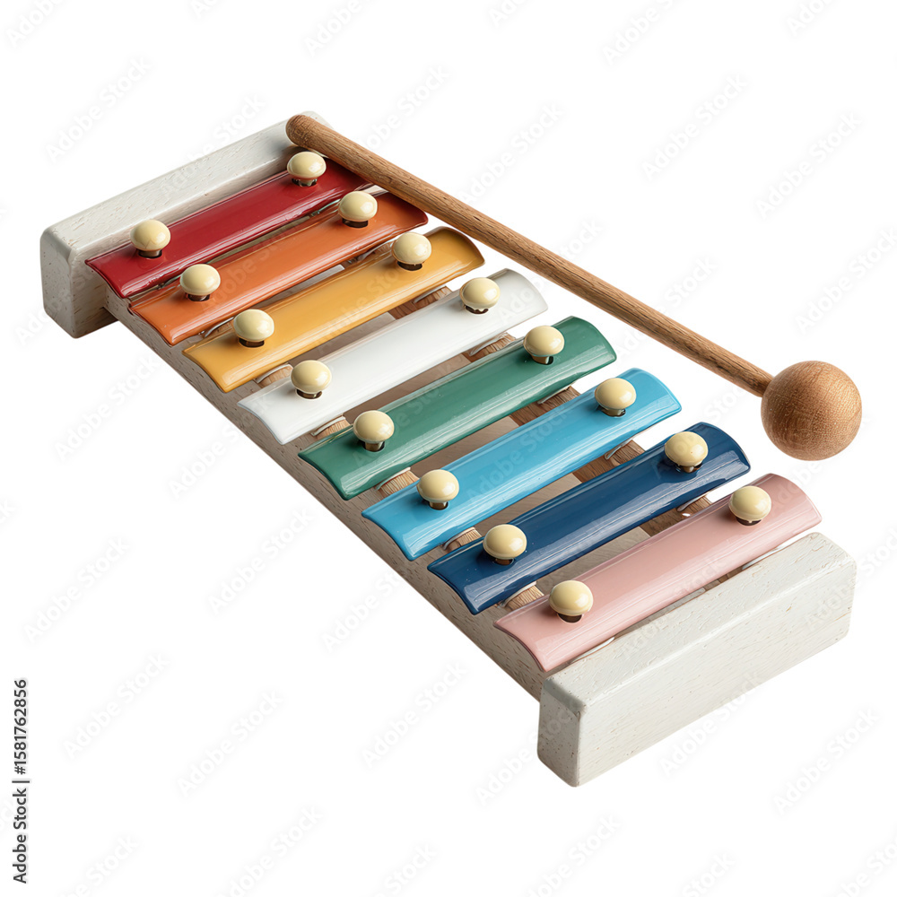 Naklejka premium Colorful Wooden Xylophone with Mallet on White Background Perfect for Musical Play and Educational Purposes for Kids and Adults Alike