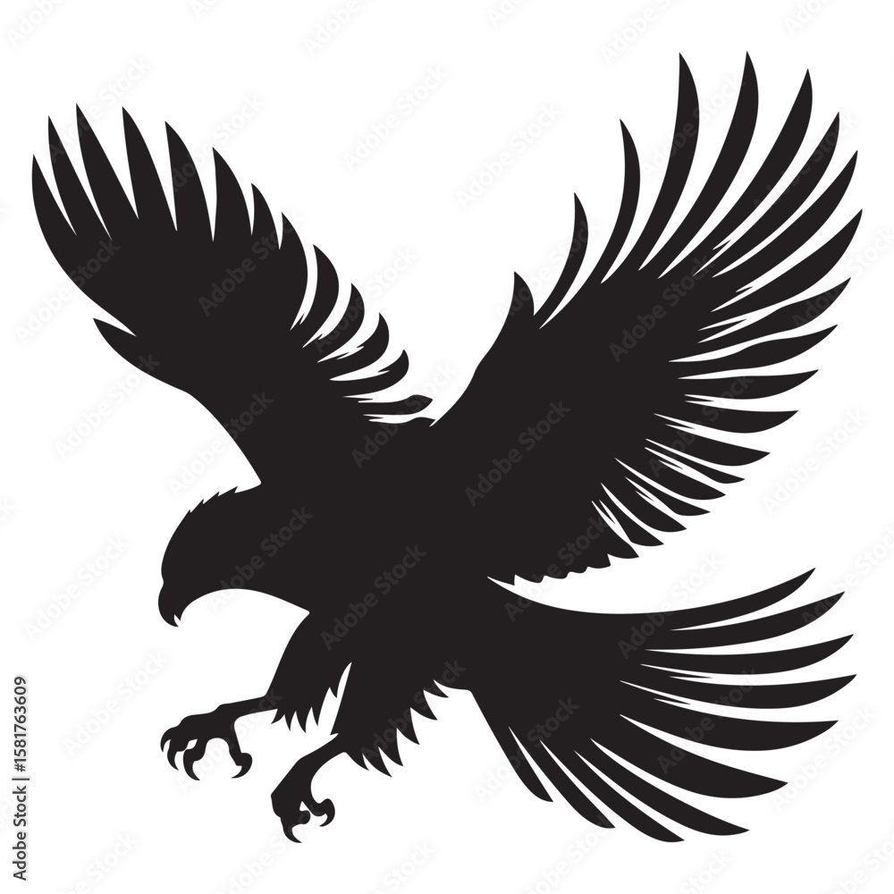 Fototapeta premium Bald Eagle black silhouette icon. American eagle wild bird of prey soaring. Falcon or hawk carnivore avian animal flight up vector outline illustration isolated on white