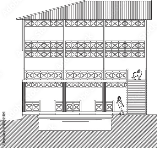  Two Levels Hotel Design Plan and Principal Elevation modern silhouette illustration vector sketch