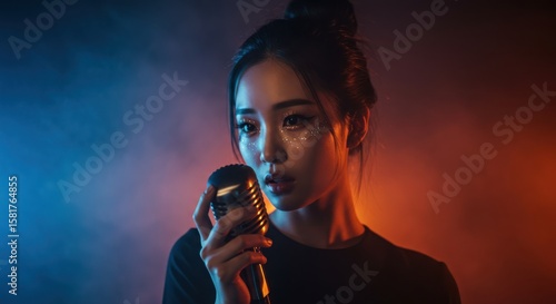 Young woman singing into microphone with red and blue lighting