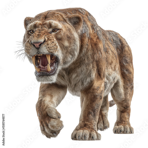 Wallpaper Mural Fierce and Powerful Saber-Toothed Cat Walking Across a White Background with Bared Teeth and Intense Expression for Nature and Wildlife Themes Torontodigital.ca