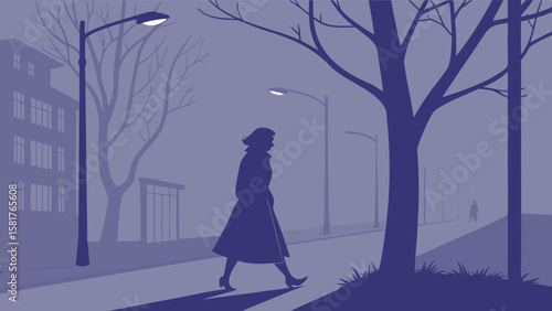 Silhouette of a woman walking on a street at night with streetlights and trees in a foggy atmosphere