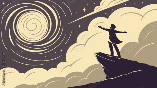 A person stands on a cliff with arms outstretched under a swirling sky filled with stars and clouds