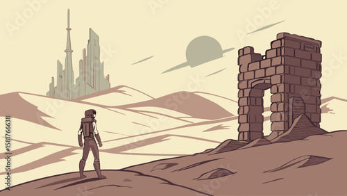 Astronaut in a desert landscape with futuristic city and ruins under a hazy sky on a distant planet