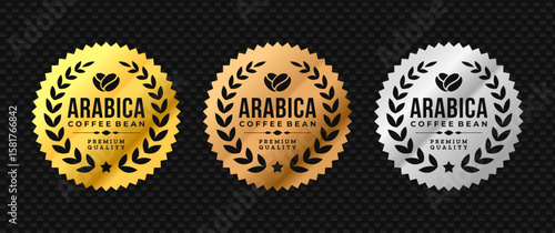 Arabica coffee bean premium quality badge. Gold, bronze, silver circle label. For logo, symbol, tag, mark, sticker. Vector Illustration