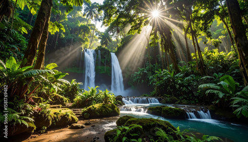 Sunbeams illuminate a lush tropical rainforest waterfall cascading into a vibrant turquoise pool.