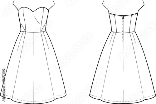 Strapless sweetheart neckline dress flat sketch, front and back technical drawing, vector template, elegant fashion design, garment outline illustration