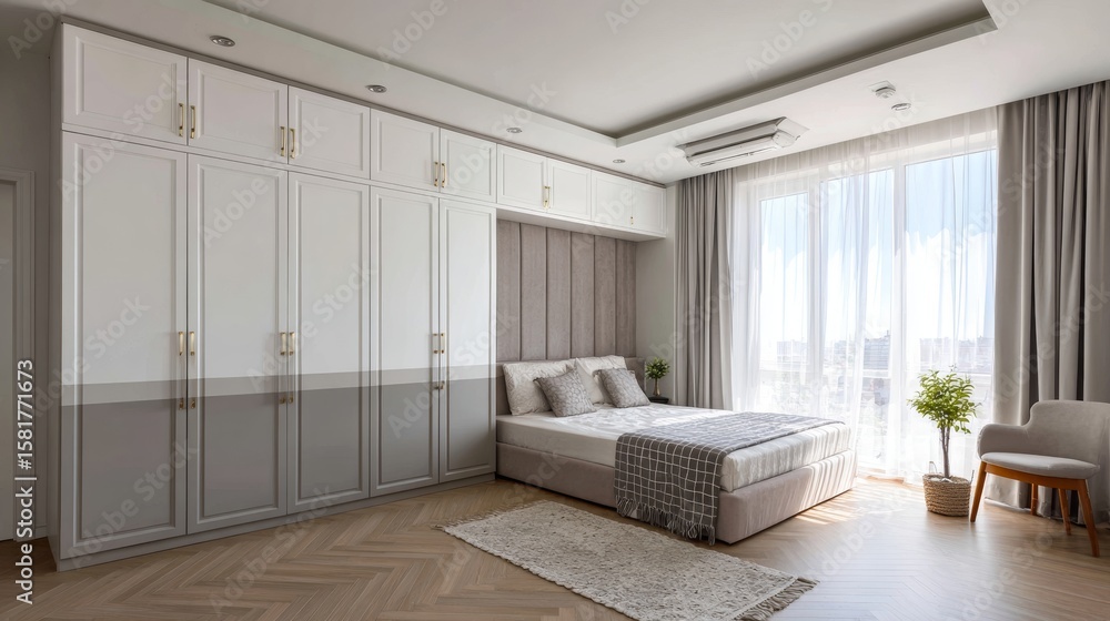 A minimalist, expensive wardrobe with four white doors and grey borders installed in an apartment in Indonesia. Clean, modern, and functional. A minimalist, expensive wardrobe with four white doors and grey borders installed in an apartment in Indonesia. Clean, modern, and functional.