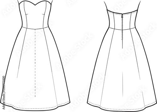 Strapless sweetheart neckline dress flat sketch, front and back view, fashion CAD design template for apparel illustration and production use