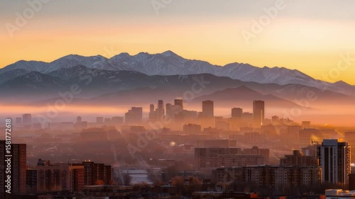 Denver Skyline at Sunrise with Rocky Mountains