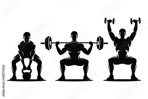 Weightlifting Silhouettes Performing Strength Training Exercises – Vector Set,