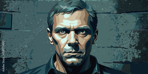 Intense Portrait of a Middle Aged Man with a Stern Expression and Stylized Vector Art Style on a Textured Background