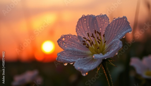 A Delicate Flower at Sunset, with Water Droplets, Beautiful and Serene
