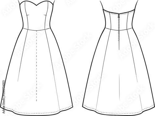 Strapless sweetheart neckline dress fashion flat sketch, front and back view, technical CAD template for apparel design and illustration