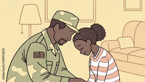 Military father comforting daughter before deployment a family separation and emotional support illustration