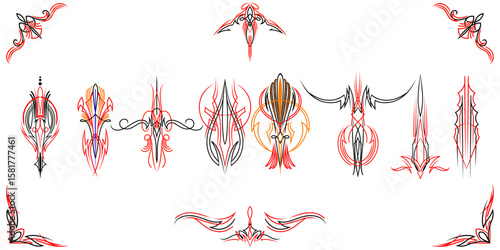 Set of vintage pin striping hotrod car line art. use for vinyl sticker, painting template, tattoo. Vector illustration