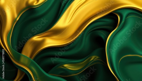 Abstract image of flowing emerald green and gold satin fabric with elegant waves