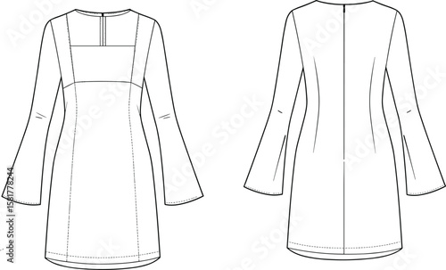Long sleeve square neckline dress flat sketch, technical fashion drawing with flare sleeves, front and back view, vector template