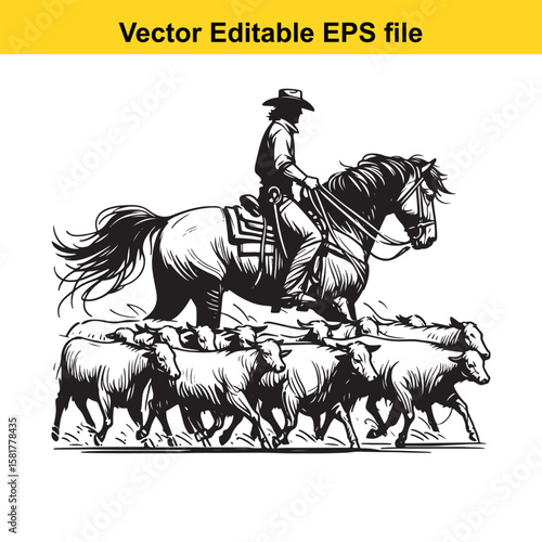 Cowboy herding cattle on horseback in a vintage illustration