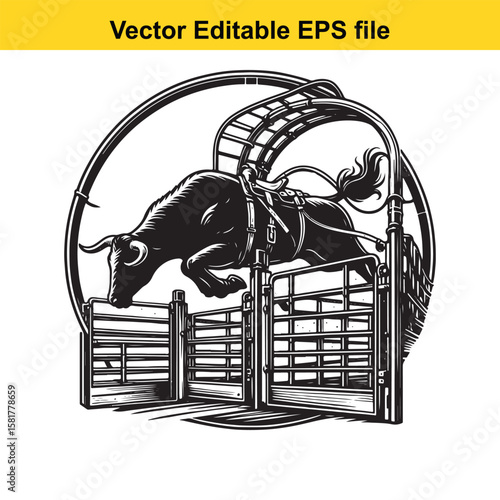 A powerful bull leaps from a rodeo chute in a dynamic illustration