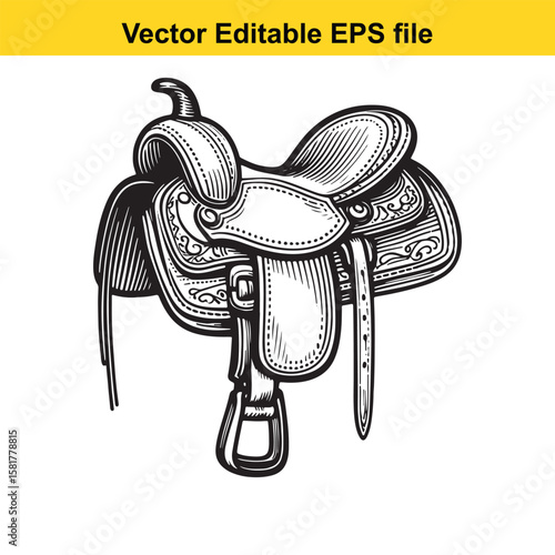 A detailed illustration of a classic western cowboy saddle
