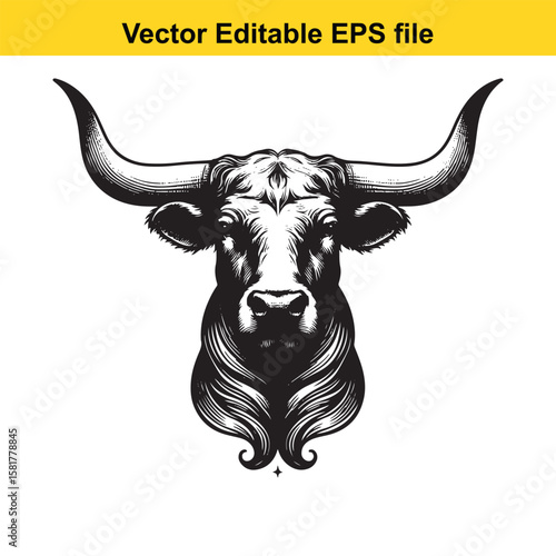 A fierce bull head with large horns, isolated on white