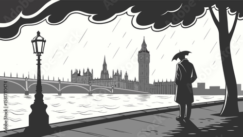 London cityscape big ben parliament man with umbrella in rainy weather black and white illustration art