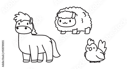 Horse Lamb Hen Cartoon Minimal Doodle Cute Character