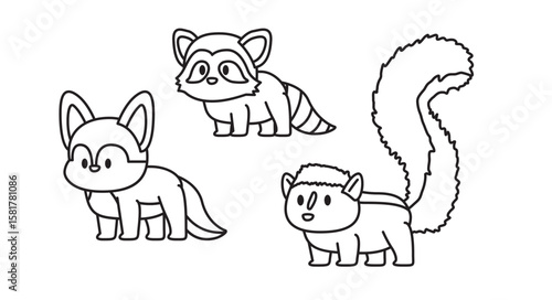 Fox Raccoon Skunk Cartoon Minimal Doodle Cute Character