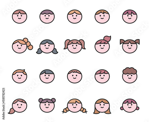 A set of diverse cartoon child faces, including boys and girls with various hairstyles and skin tones, depicted as simple avatars.