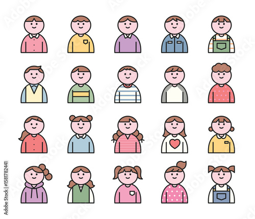 A set of diverse cartoon child characters, including boys and girls with various outfits and hairstyles, depicted as simple avatars.